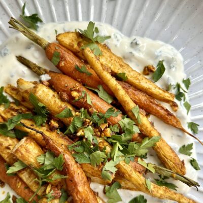 Low Fodmap Roasted Spiced Carrots, Parsnips With Mint Yoghurt Dressing...